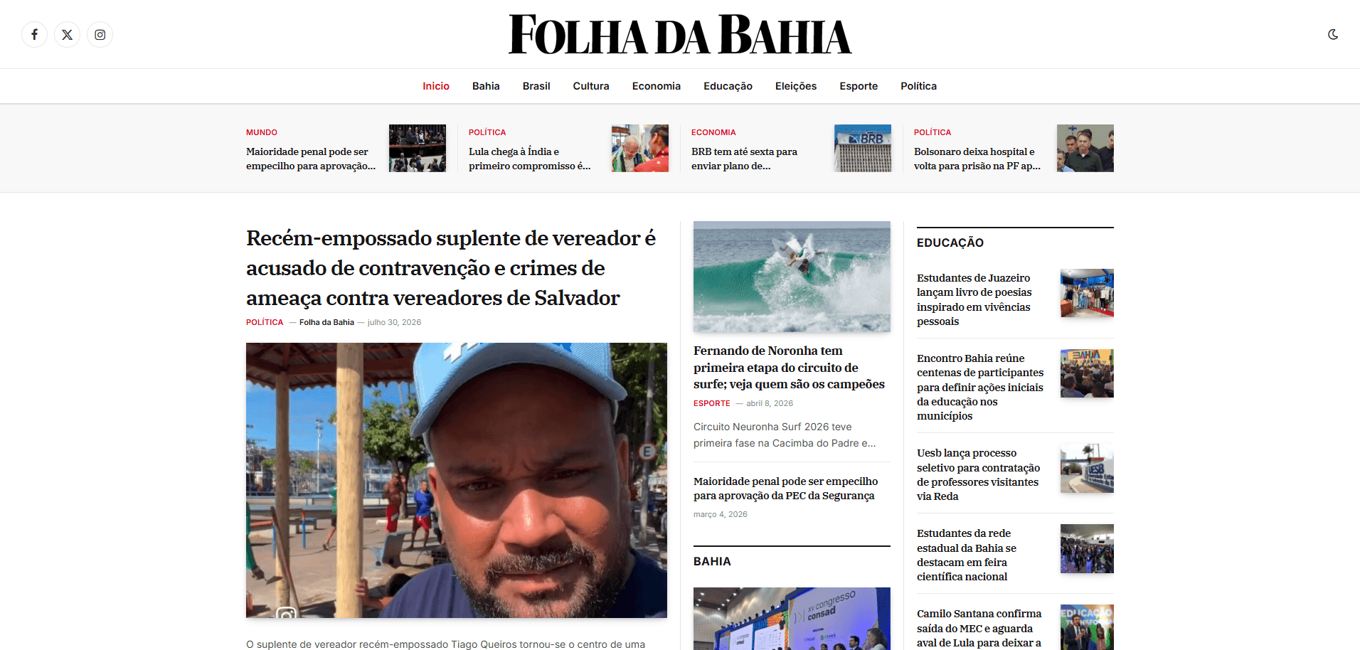 Página inicial do portal Folha da Bahia